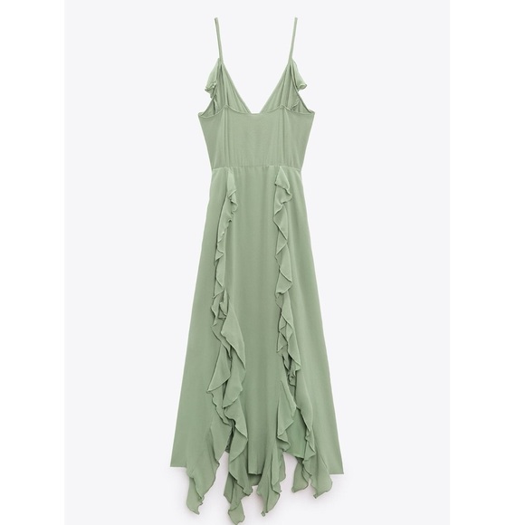 ZARA SS23 Sea Green Ruffle Maxi Dress Spaghetti Straps XS - Picture 6 of 15